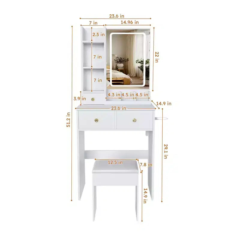 Coiffeuse avec tabouret, miroir lumineux 3 modes de couleur, support pour sèche-cheveux, prise de courant et tiroirs de rangement