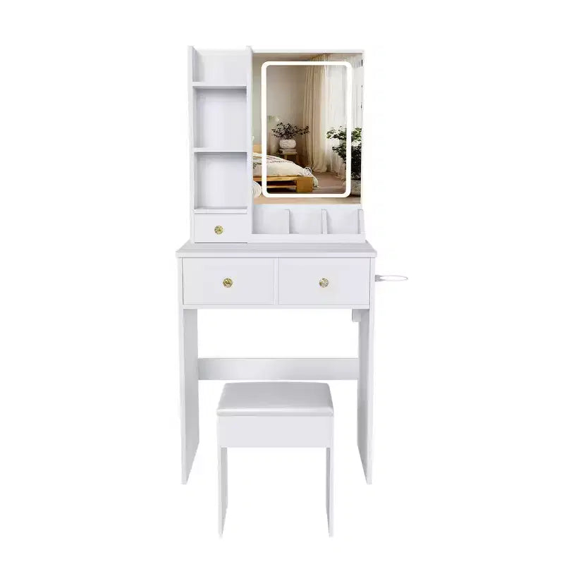 Coiffeuse avec tabouret, miroir lumineux 3 modes de couleur, support pour sèche-cheveux, prise de courant et tiroirs de rangement