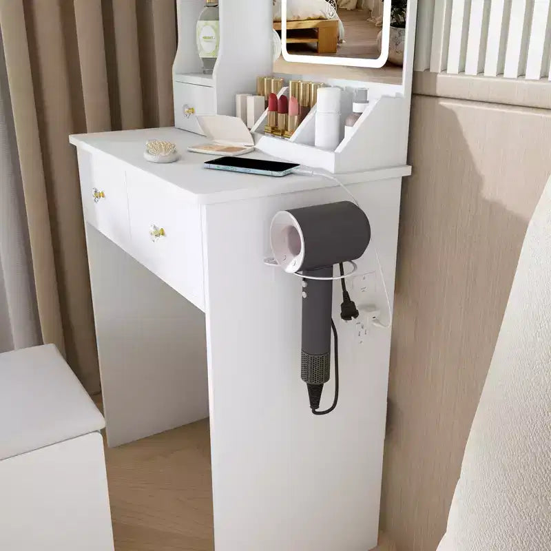 Coiffeuse avec tabouret, miroir lumineux 3 modes de couleur, support pour sèche-cheveux, prise de courant et tiroirs de rangement
