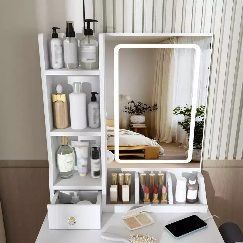 Coiffeuse avec tabouret, miroir lumineux 3 modes de couleur, support pour sèche-cheveux, prise de courant et tiroirs de rangement