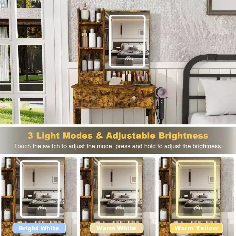 Coiffeuse avec tabouret, miroir lumineux 3 modes de couleur, support pour sèche-cheveux, prise de courant et tiroirs de rangement