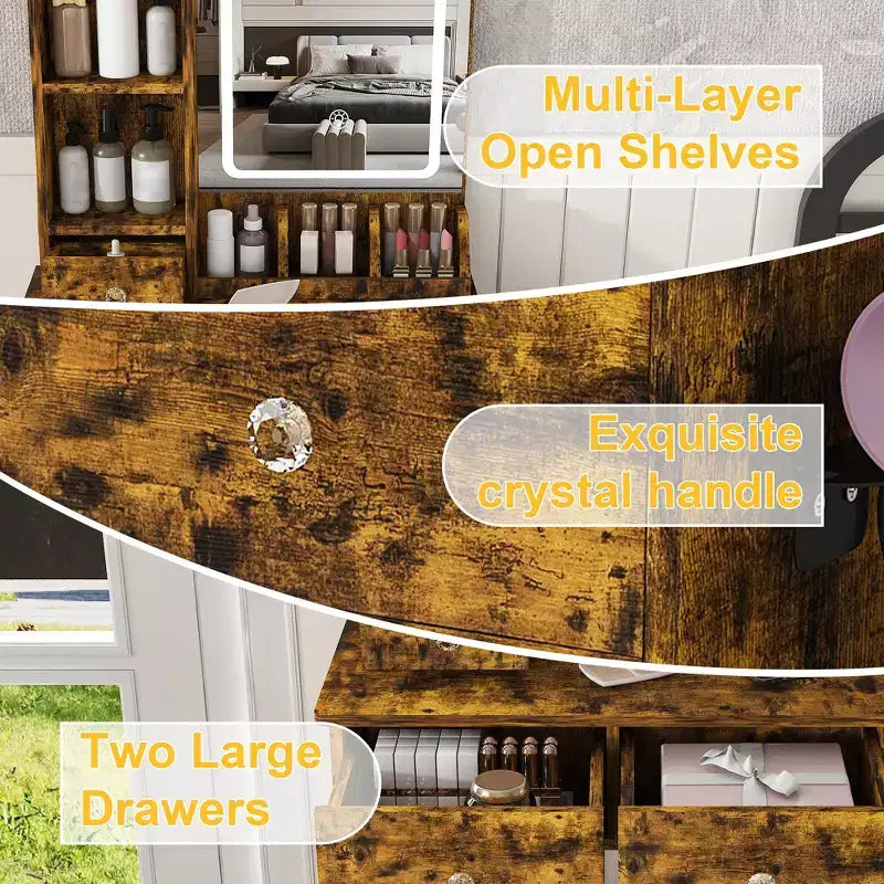 Coiffeuse avec tabouret, miroir lumineux 3 modes de couleur, support pour sèche-cheveux, prise de courant et tiroirs de rangement