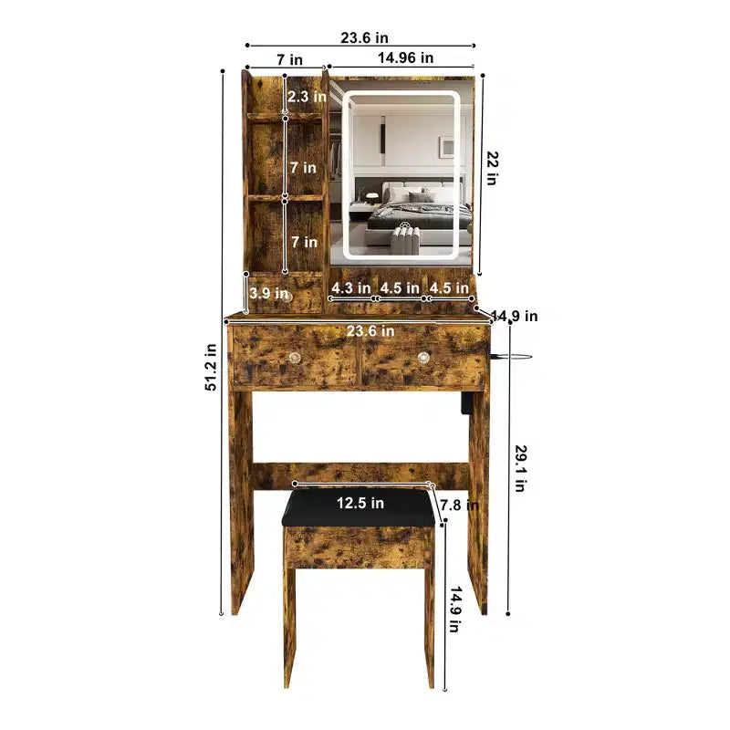 Coiffeuse avec tabouret, miroir lumineux 3 modes de couleur, support pour sèche-cheveux, prise de courant et tiroirs de rangement