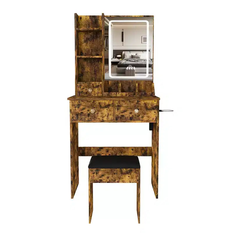 Coiffeuse avec tabouret, miroir lumineux 3 modes de couleur, support pour sèche-cheveux, prise de courant et tiroirs de rangement