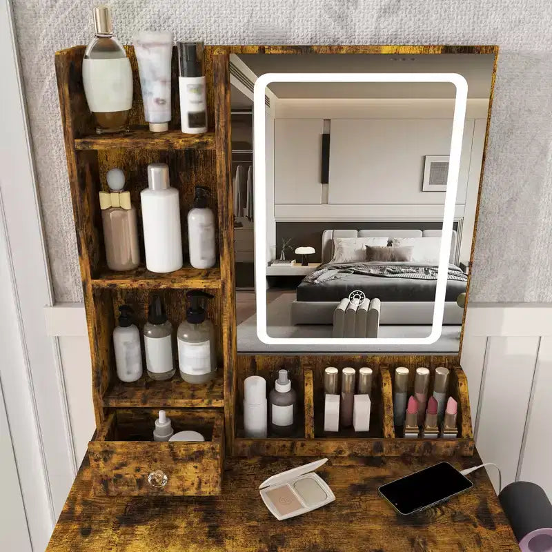 Coiffeuse avec tabouret, miroir lumineux 3 modes de couleur, support pour sèche-cheveux, prise de courant et tiroirs de rangement
