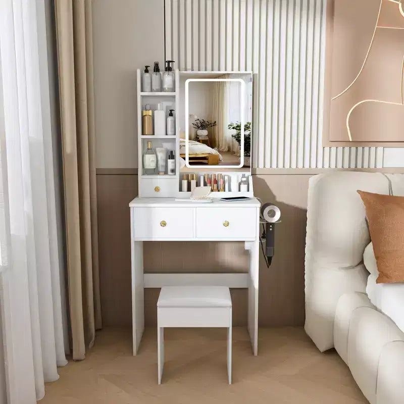 Coiffeuse avec tabouret, miroir lumineux 3 modes de couleur, support pour sèche-cheveux, prise de courant et tiroirs de rangement