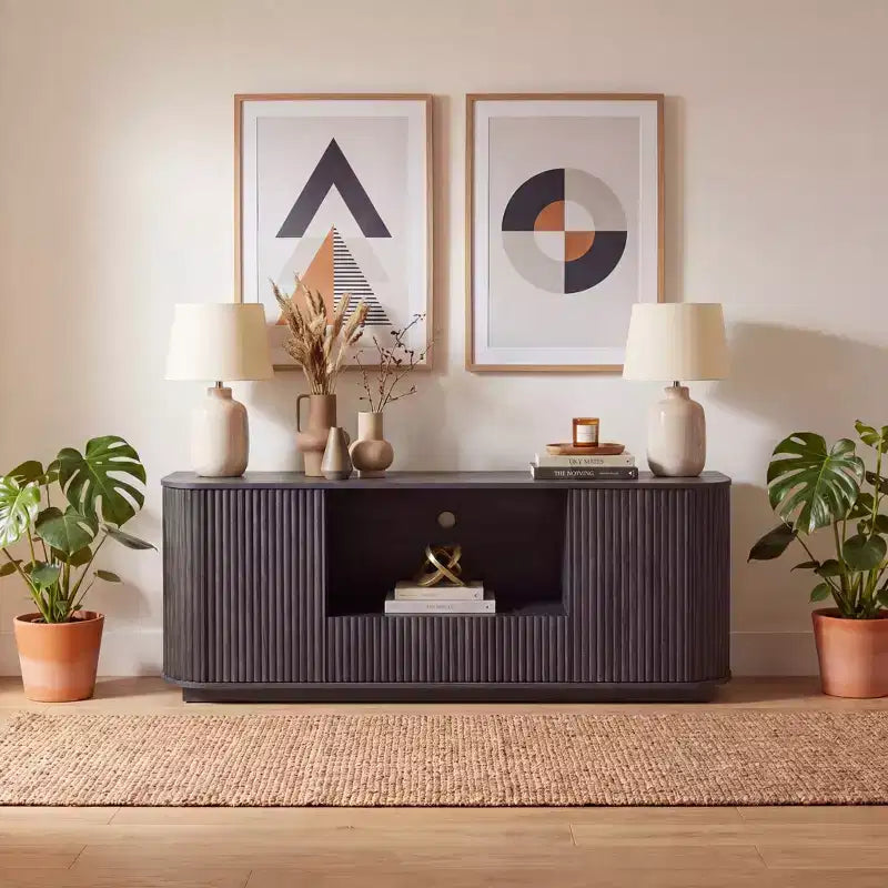 Meuble TV ondulé de 162 cm, buffet arrondi, meuble de rangement, armoire en bois à rayures verticales pour salon/chambre/entrée.
