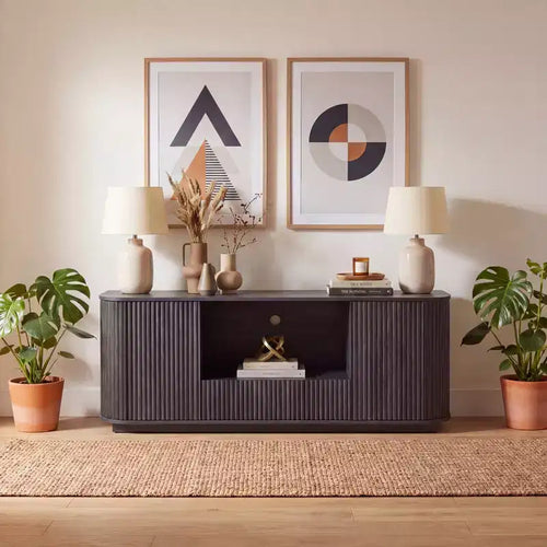 Meuble TV ondulé de 162 cm, buffet arrondi, meuble de rangement, armoire en bois à rayures verticales pour salon/chambre/entrée.