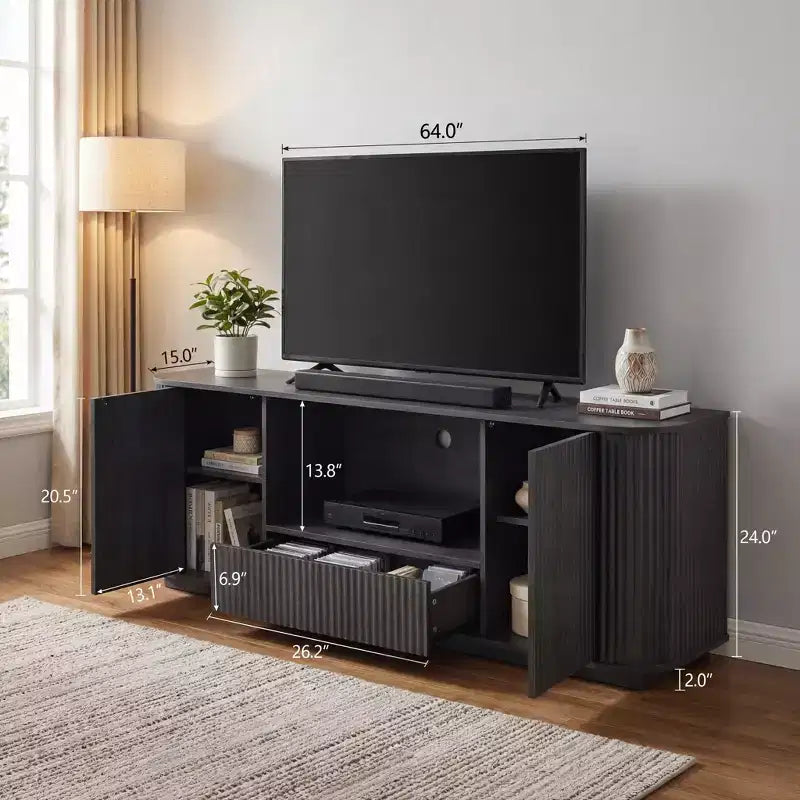 Meuble TV ondulé de 162 cm, buffet arrondi, meuble de rangement, armoire en bois à rayures verticales pour salon/chambre/entrée.