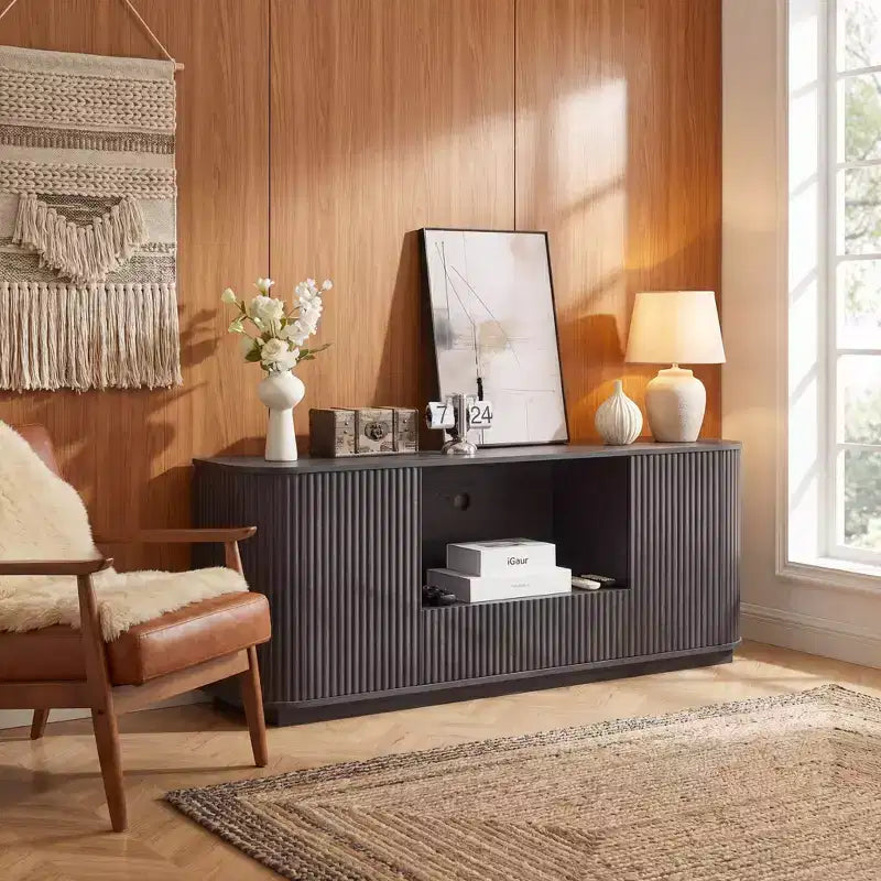 Meuble TV ondulé de 162 cm, buffet arrondi, meuble de rangement, armoire en bois à rayures verticales pour salon/chambre/entrée.