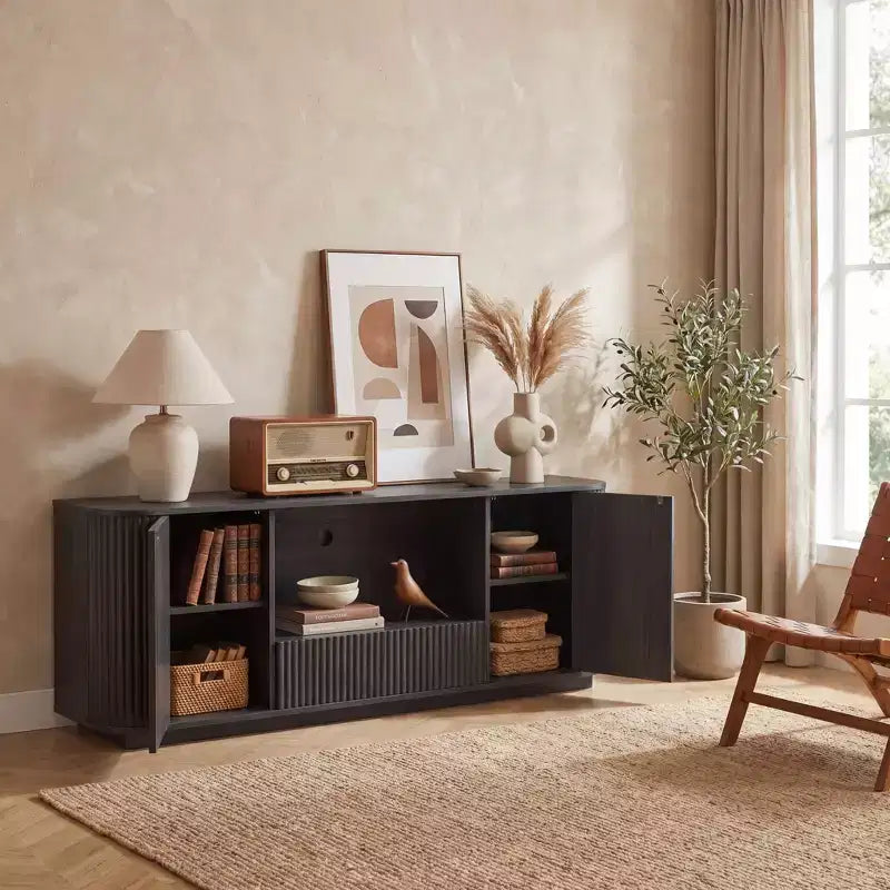 Meuble TV ondulé de 162 cm, buffet arrondi, meuble de rangement, armoire en bois à rayures verticales pour salon/chambre/entrée.