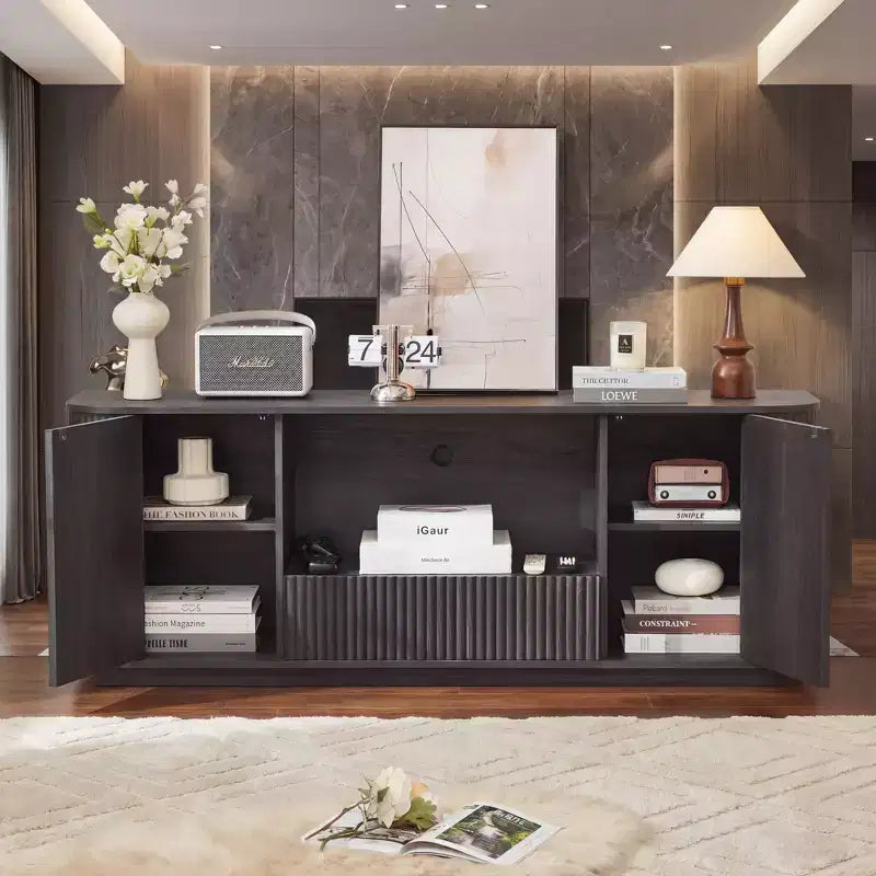 Meuble TV ondulé de 162 cm, buffet arrondi, meuble de rangement, armoire en bois à rayures verticales pour salon/chambre/entrée.