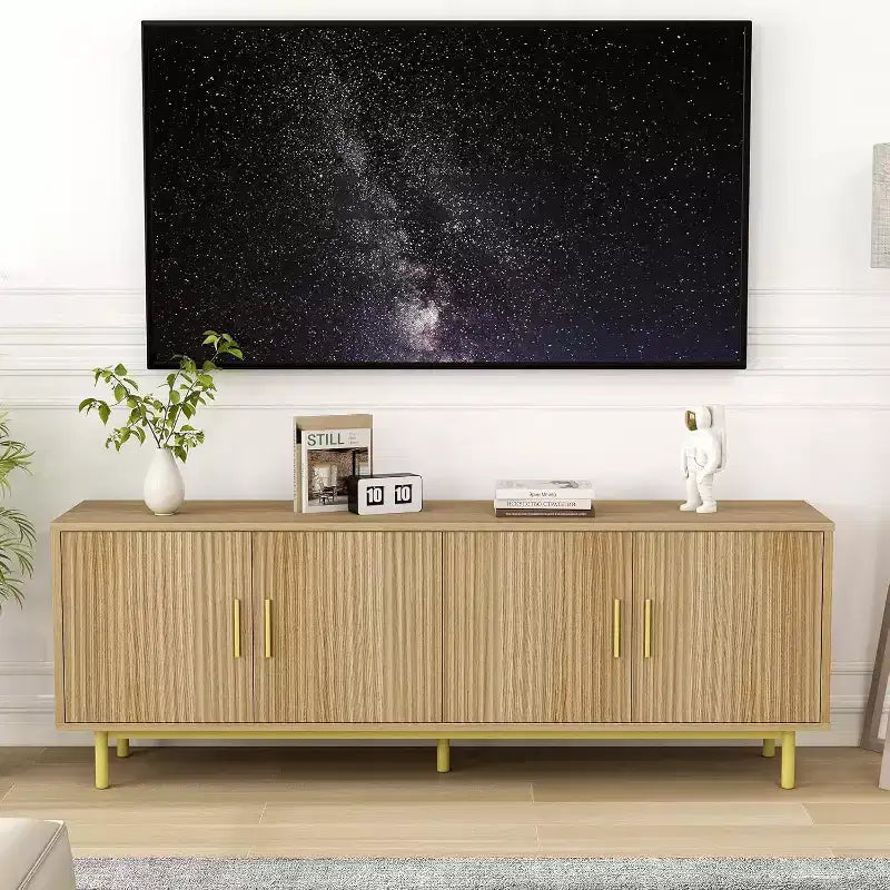 Meuble TV 70" avec portes cannelées, Centre de divertissement avec rangement (PS! Étagère réglable), Console TV moderne pour salon et chambre à coucher