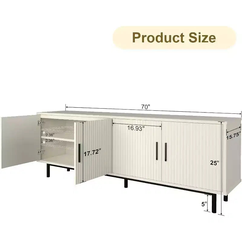 Meuble TV 70" avec portes cannelées, Centre de divertissement avec rangement (PS! Étagère réglable), Console TV moderne pour salon et chambre à coucher