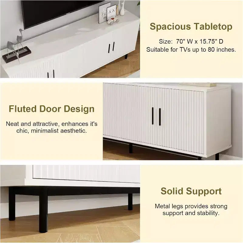 Meuble TV 70" avec portes cannelées, Centre de divertissement avec rangement (PS! Étagère réglable), Console TV moderne pour salon et chambre à coucher
