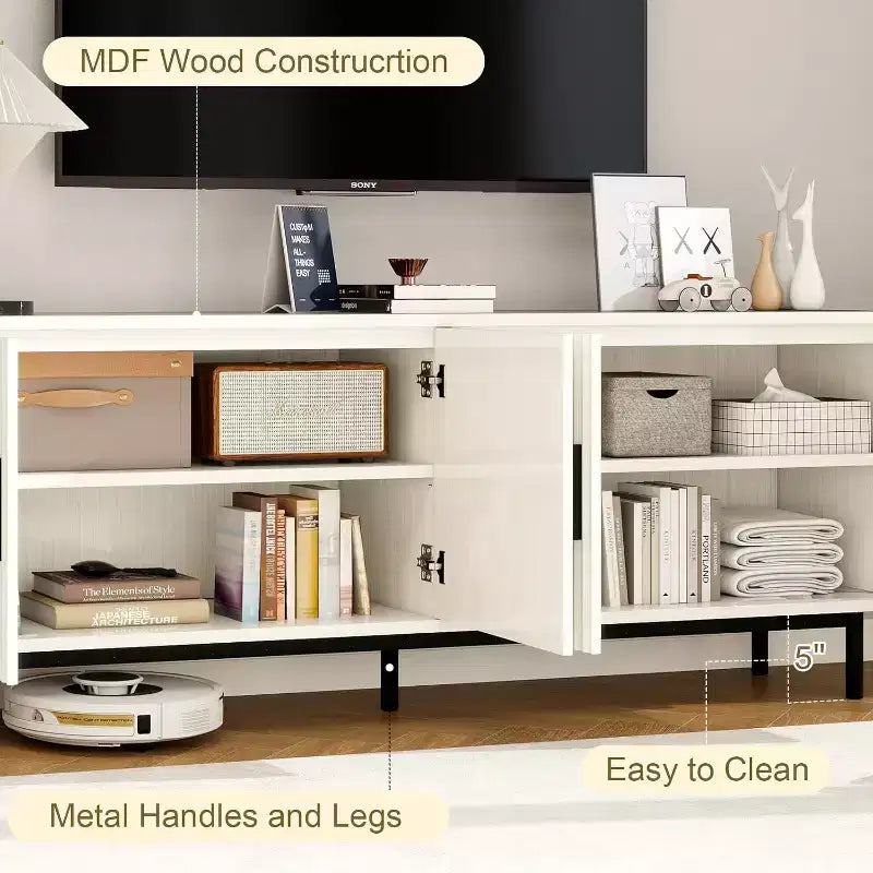 Meuble TV 70" avec portes cannelées, Centre de divertissement avec rangement (PS! Étagère réglable), Console TV moderne pour salon et chambre à coucher