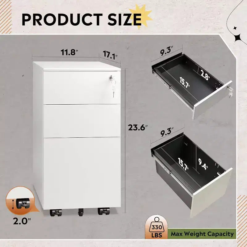 Meuble de classement mobile à 3 tiroirs pour bureau à domicile, classeur vertical mince de 30 cm, organiseur de documents peu encombrant avec serrure