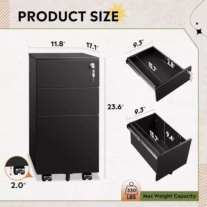 Meuble de classement mobile à 3 tiroirs pour bureau à domicile, classeur vertical mince de 30 cm, organiseur de documents peu encombrant avec serrure