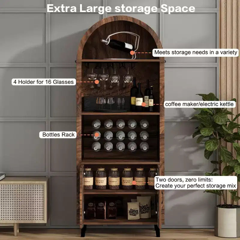 Meuble vitrine arqué de style rustique avec casier à vin et porte-verres, pour salles à manger et salons, en noyer, 180 cm