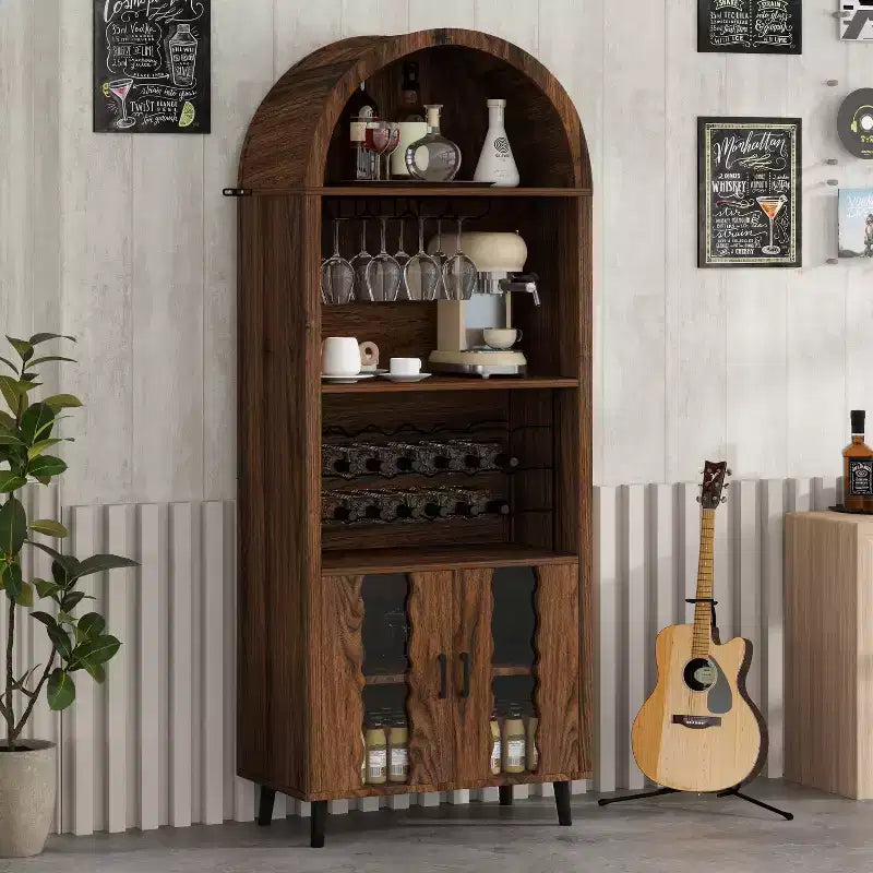 Meuble vitrine arqué de style rustique avec casier à vin et porte-verres, pour salles à manger et salons, en noyer, 180 cm