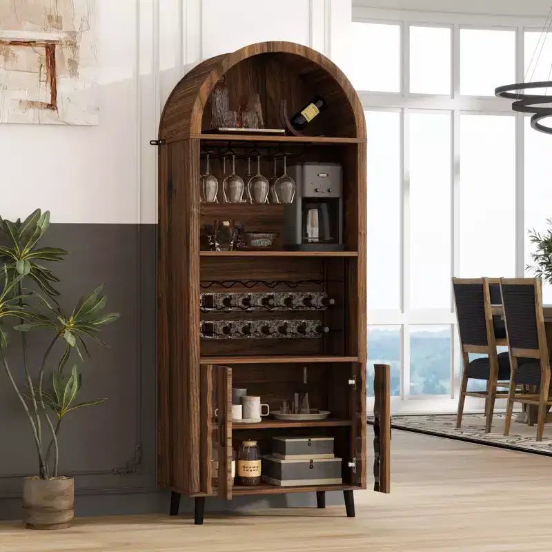 Meuble vitrine arqué de style rustique avec casier à vin et porte-verres, pour salles à manger et salons, en noyer, 180 cm