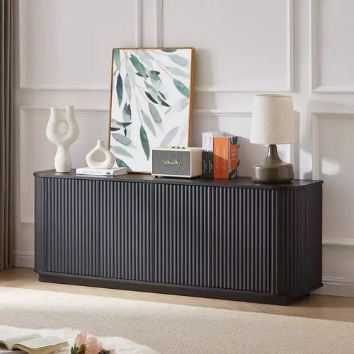 Meuble console à motif vague 64", meuble TV en bois et buffet de rangement à rayures verticales pour salon, cuisine et entrée, noir