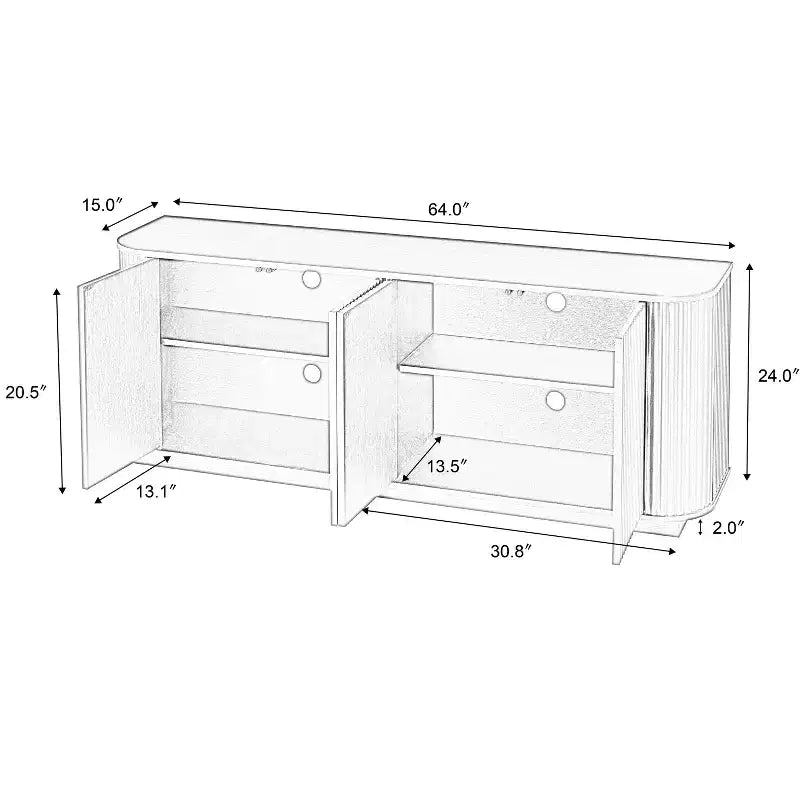 Meuble console à motif vague 64", meuble TV en bois et buffet de rangement à rayures verticales pour salon, cuisine et entrée, noir
