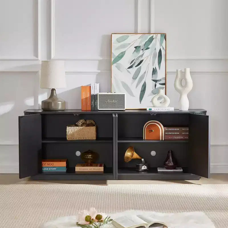 Meuble console à motif vague 64", meuble TV en bois et buffet de rangement à rayures verticales pour salon, cuisine et entrée, noir