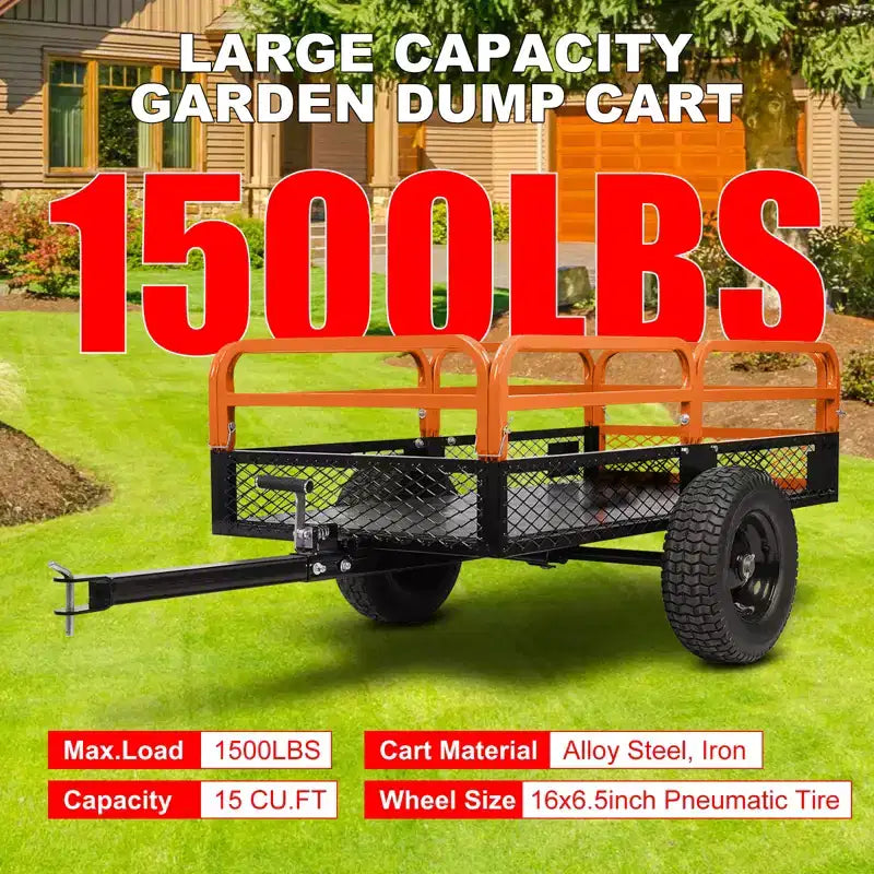 Remorque basculante en acier robuste pour VTT, capacité de 680 kg, 0,42 m³ avec côtés amovibles pour le jardin et la cour