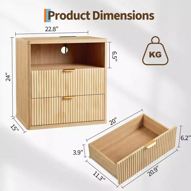 Table d'appoint cannelée en chêne, table de chevet incurvée de 58 cm avec station de charge et tiroirs de rangement pour chambre et salon