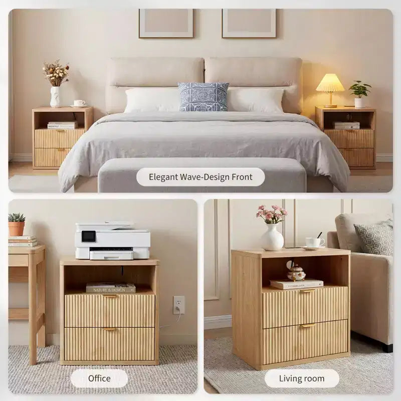 Table d'appoint cannelée en chêne, table de chevet incurvée de 58 cm avec station de charge et tiroirs de rangement pour chambre et salon
