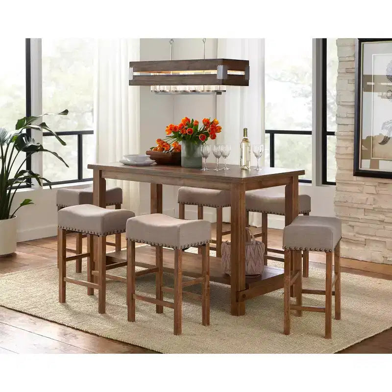 Table à manger rectangulaire hauteur comptoir style « Modern Farmhouse » en bois flotté
