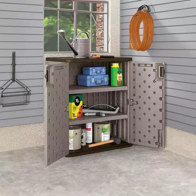 Armoire de rangement basse 255 litres avec étagères, platine métallisé/ardoise